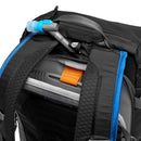 Close-up of LowePro PhotoSport Outdoor Backpack with hydration tube and padded shoulder straps for hiking and adventure photography