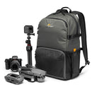 LowePro Truckee BP 250 camera backpack with DSLR, lenses, drone, and GoPro gear storage