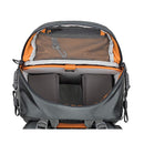 Open Lowepro Whistler 350 AW II backpack showing padded compartments and mesh pocket for camera gear and accessories
