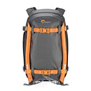 Lowepro Whistler 350 AW II durable grey backpack with orange alpine gear attachments and multiple compartments