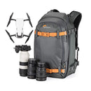 Lowepro Whistler 350 AW II backpack with camera, lenses, drone, and outdoor gear attachments in gray and orange design