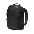 A black LowePro Fastpack BP 150 AW IV backpack shown from a three-quarter angle against a clean white background, featuring the brand's logo on the upper front.