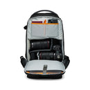 LowePro Fastpack BP 150 AW IV camera backpack on a white background with the main compartment open, showing camera equipment.