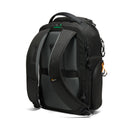 A black LowePro Fastpack BP 150 AW IV camera backpack shown from a three-quarter rear view on a clean white background, featuring padded shoulder straps, and a top carry handle.