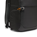 Black LowePro Fastpack BP 150 AW IV backpack detail showing the side pocket on a white background