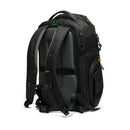 A black Lowepro Fastpack BP 250 AW IV backpack shown from the rear three-quarter view, featuring padded shoulder straps, compression buckles, and a side zippered pocket, on a clean white background.