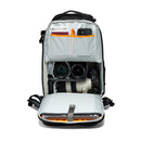 A Lowepro Fastpack BP 250 AW IV backpack shown with the main interior compartment open and full of camera equipment on a white background