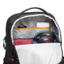 Open top compartment of the Lowepro Fastpack BP 250 AW IV backpack with items including headphones, charger, and other accessories.