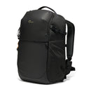 A black Lowepro Fastpack BP 450 AW IV backpack shown from a three-quarter angle on a clean white background, featuring the brand's logo on the upper front.