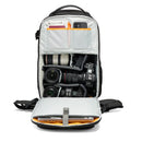 Lowepro Fastpack BP 450 AW IV camera backpack with open compartment full of camera equipment on a white background