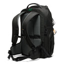 A black Lowepro Fastpack BP 450 AW IV backpack shown from a three-quarters rear view, featuring padded shoulder straps, compression buckles, and multiple zippered compartments on a white background.