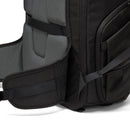Close-up of a black Lowepro Fastpack BP 450 AW IV backpack showing the padded waist straps on a white background