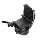 camera fluid head with the quick-release surface raised at a 90 degree angle