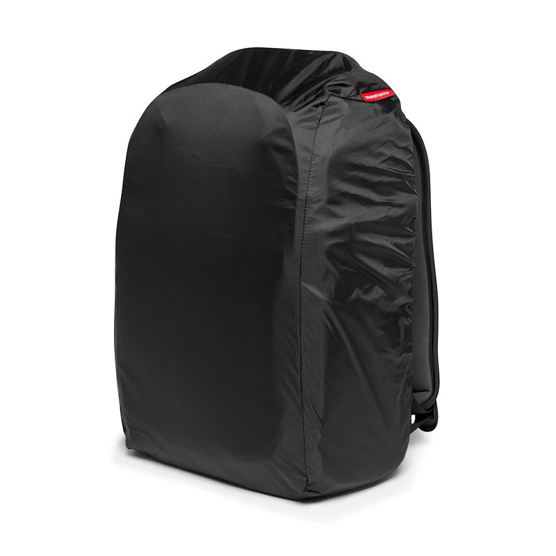 Black backpack with rain cover on a white background