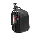 Black backpack with a tripod attached to the side.