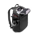 Black backpack with open compartments on a white background
