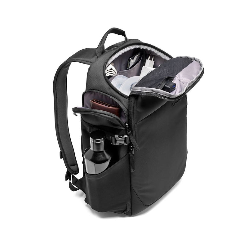 Black backpack with open compartments on a white background