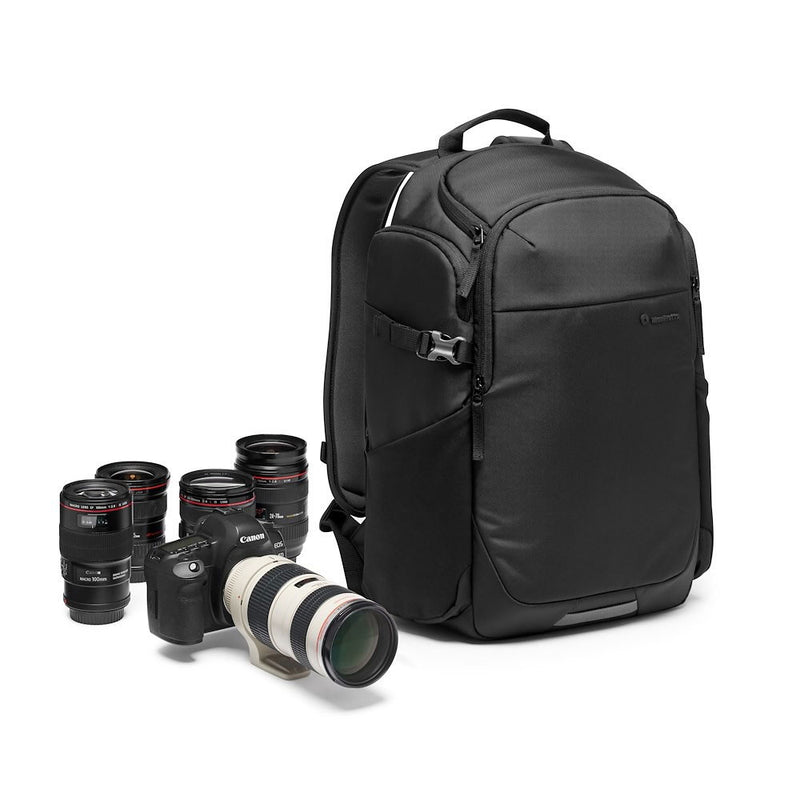 Black camera backpack with a camera and lenses on a white background