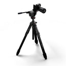 Manfrotto ONE Hybrid tripod with fluid head and mounted camera on white background