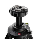 Manfrotto ONE Hybrid aluminum tripod quick release head close-up, black camera tripod accessory with leveling bubble and secure locking mechanism