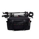 Manfrotto Pro Light Cineloader Large black camera bag with tripod attached, professional video equipment carrying case