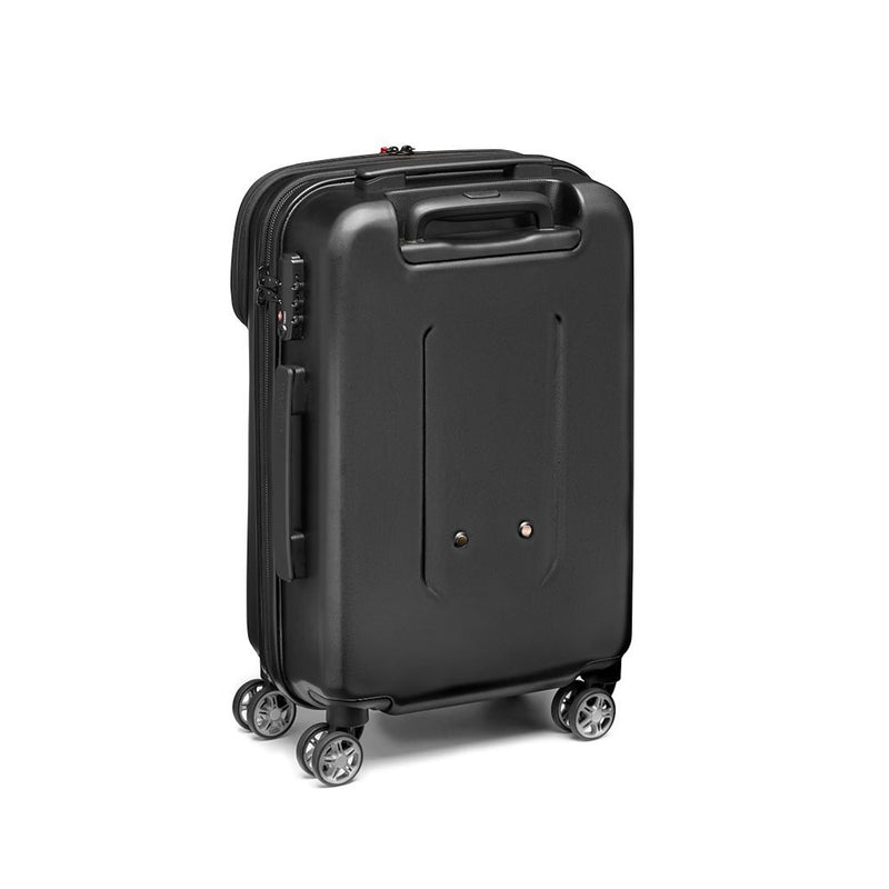 Black suitcase-style camera case with wheels on a white background