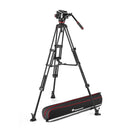 Manfrotto 504X Fluid Video Head mounted on aluminum twin leg tripod with carrying bag