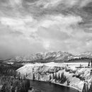 Black and white landscape of mountains and river for Finding a Place book cover