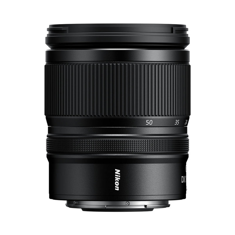 Black Nikon camera lens on a white background