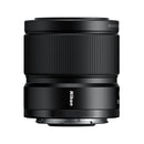Black Nikon camera lens on a white background