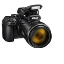 Nikon COOLPIX P1100 camera with 125x zoom, 24-3000mm optical zoom, built-in flash, and ergonomic grip.