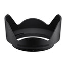 A black, petal-shaped lens hood on a white background.