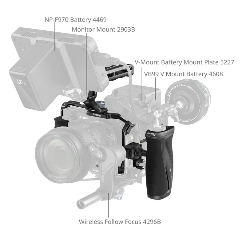 SmallRig Advanced Cage Kit for Nikon ZR with silicone-wrapped handle, HDMI & USB-C cable clamp, and multiple mounting points for accessory expansion