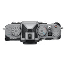 top view of Nikon Z f silver edition mirrorless camera body in black with mechanical dials and vintage design
