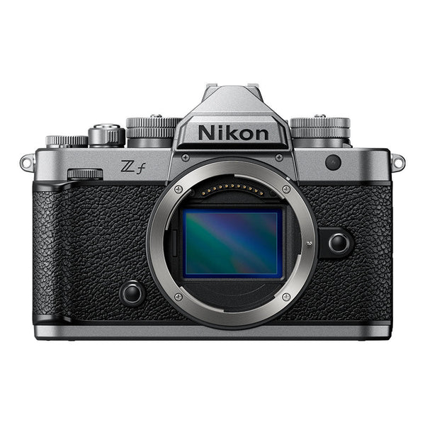 Nikon Z f silver edition mirrorless camera body in black with full-frame sensor and retro design