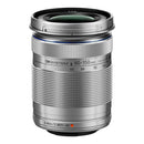 The OM System M.Zuiko 40-150mm f4-5.6 R ED mirrorless lens in silver on a white background