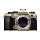 OM System OM-5 Mark II lightweight mirrorless camera body in beige and black, compact and durable design for outdoor photography