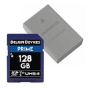 OM System BLS-50 Li-ion battery with Delkin Prime 128GB SDXC UHS-II memory card bundle