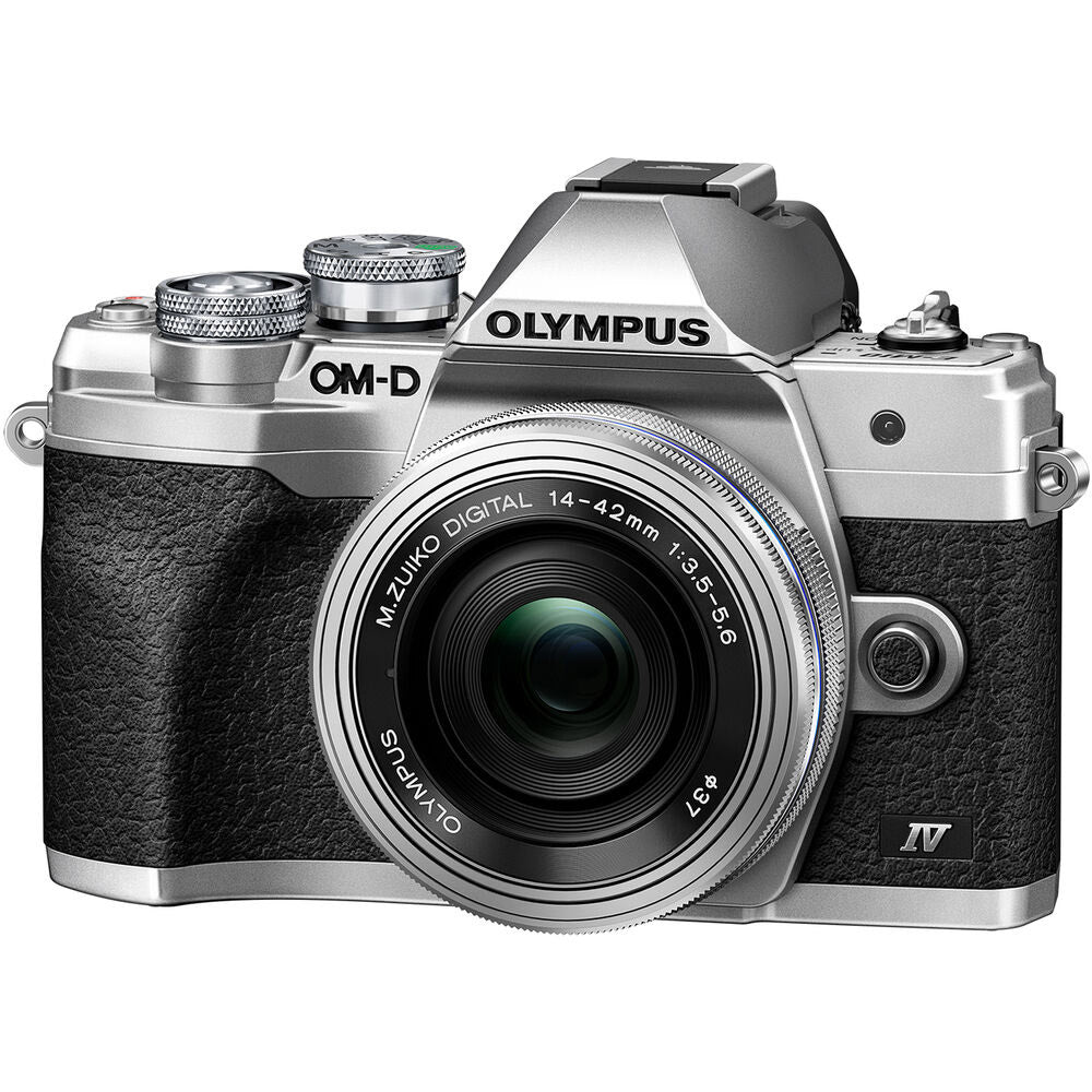 OM System OM-D E-M10 Mark IV silver compact mirrorless camera with 14-42mm lens