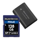 OM System BLX-1 rechargeable lithium ion camera battery with Delkin Prime 128GB SDXC II 2000X V60 UHS-II memory card bundle