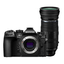 OM System OM-1 Mark II camera body with 150-600mm f5.0-6.3 IS telephoto lens on white background
