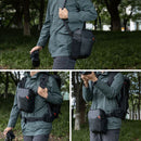 PGYTECH Camera Top Loader carrying bag shown in shoulder, chest, and waist modes with durable black fabric outdoors