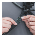 A person buckling the chest harness for the PGYTECH Neck Mount Max