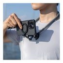 A person adjusts their phone while wearing the PGYTECH CapLock Phone Neck Mount Max