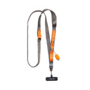 A grey and orange smartphone neck strap on a white background