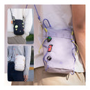 Collage of small bags with colorful straps and decorative elements worn by people.