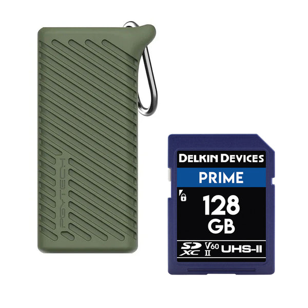 PGYTECH High-Speed Card Reader Case with Delkin Prime 128GB SDXC Memory Card