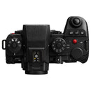 Top view of Panasonic LUMIX S1IIE Body professional camera with control dials and buttons visible