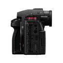 Side view of LUMIX S1RII mirrorless camera showing ports and textured grip