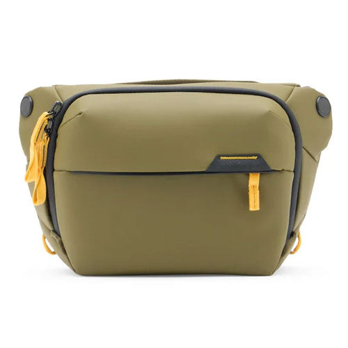 Peak Design Everyday Sling V3 3L olive green compact bag with yellow zipper pulls and durable weather-resistant material
